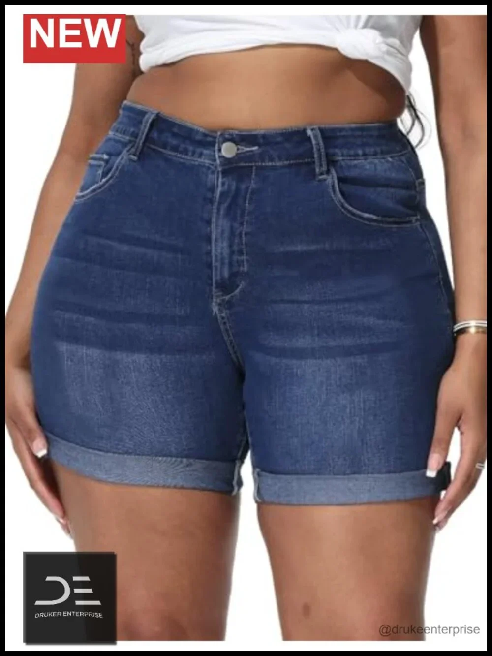 Plus Size High Waisted Jean Shorts Fold Hem Distressed Stretchy Denim